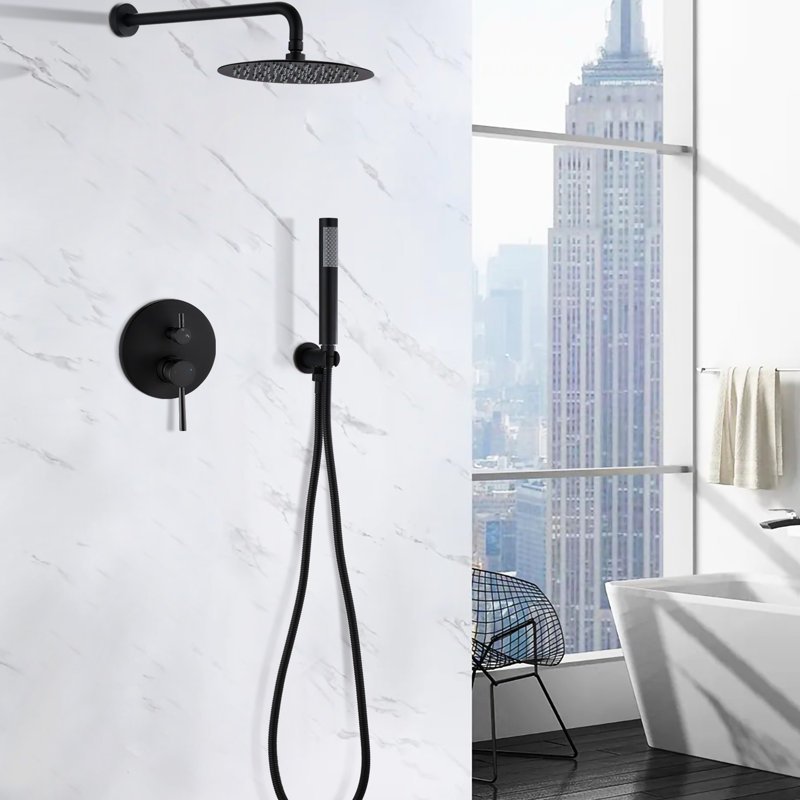 Wall Mounted Shower In Matt Black. 10" Rain Head And Handheld. Balancing Valve. Adjustable Holder, 360 Rotation. Corrosion . 1.8 Gpm Flow Rate. Dual Type. Compatible With American Pipe Us