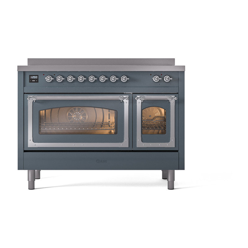 ILVE Nostalgie II Noblesse 48 dans la gamme d'induction, 6 éléments d'induction (porte en verre), Gris-bleu / chrome