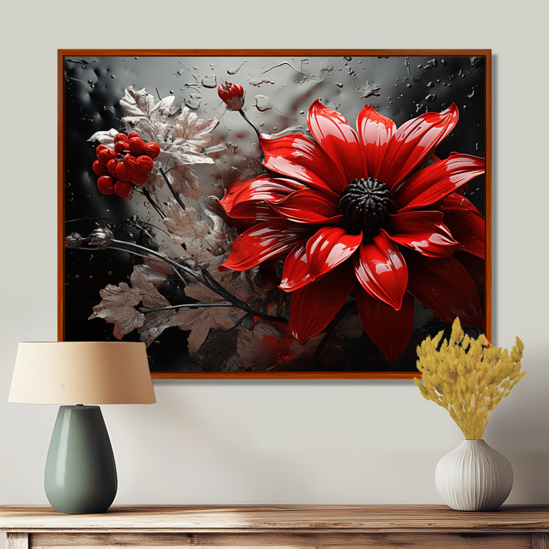 «Red Grey Botanical Symphony II», art mural botanique abstrait, H 24 po x l 32 po x P 1 po, Cadre flottant brun