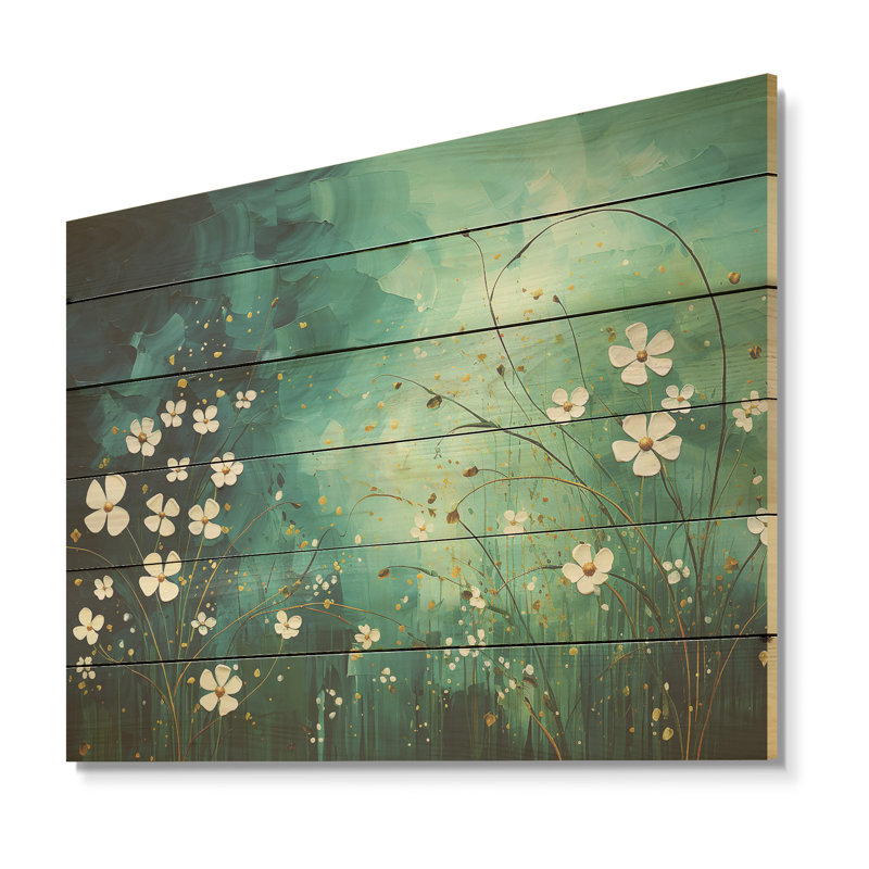 Symphonie d'herbes blanches et vertes sur bois de pin naturel, H 24 po x l 32 po