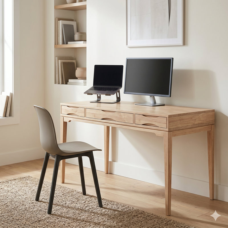 Bureau d'écriture Mid-Century moderne en bois massif avec plateau pour clavier, 2 tiroirs et poignées crantées Harper, Blonde
