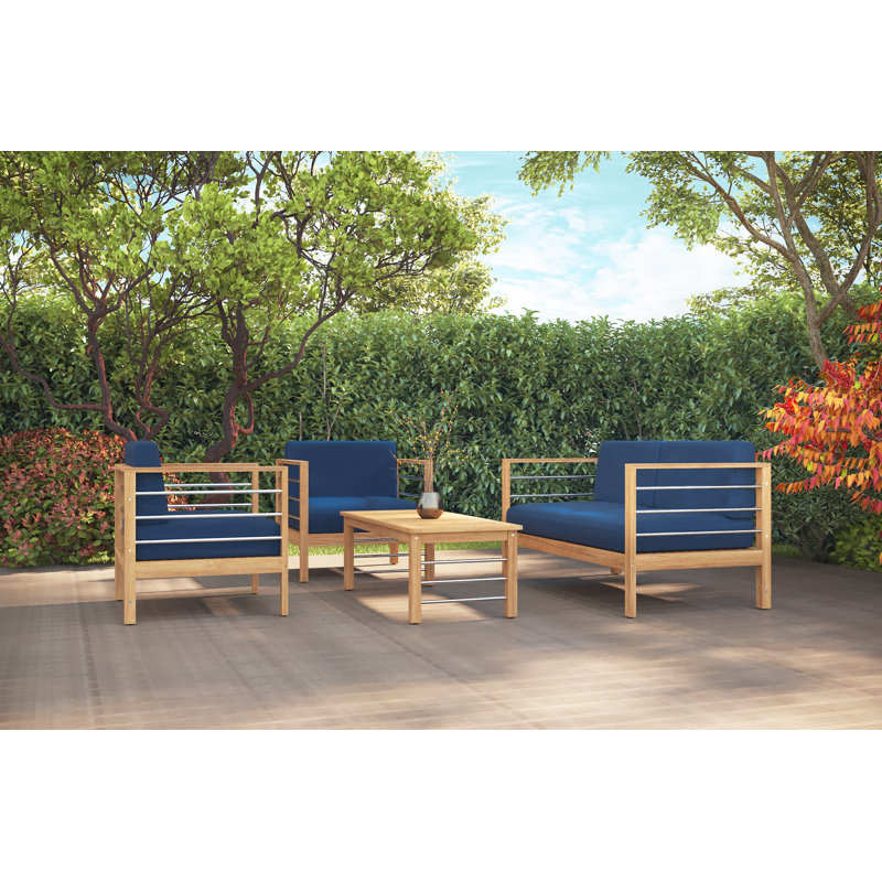 Ensemble de conversation d'extérieur en teck avec coussins Sunbrella 4 pièces Leon, Bleu marine