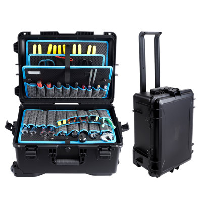 Heavy-Duty Rolling Tool Case on Casters with Telescopic Handle, Waterproof Hard Shell, 4-Tier Storage, Tool Panels & Adjustable Dividers Mobile Tool Station, Black