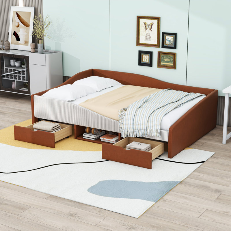Lit de jour double avec rangement double rembourré inclus avec tablettes, Lit double, Brun