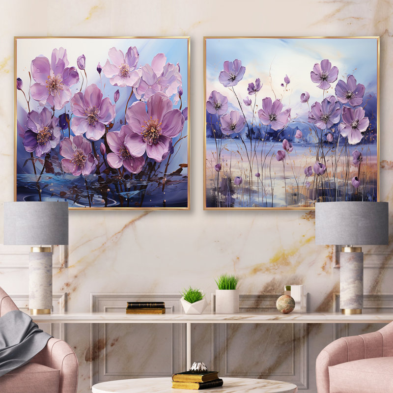 Violet Flower Meadow Harmony - Ensemble de 2 collages carrés, H 16 po x l 33 po, Cadre flottant doré