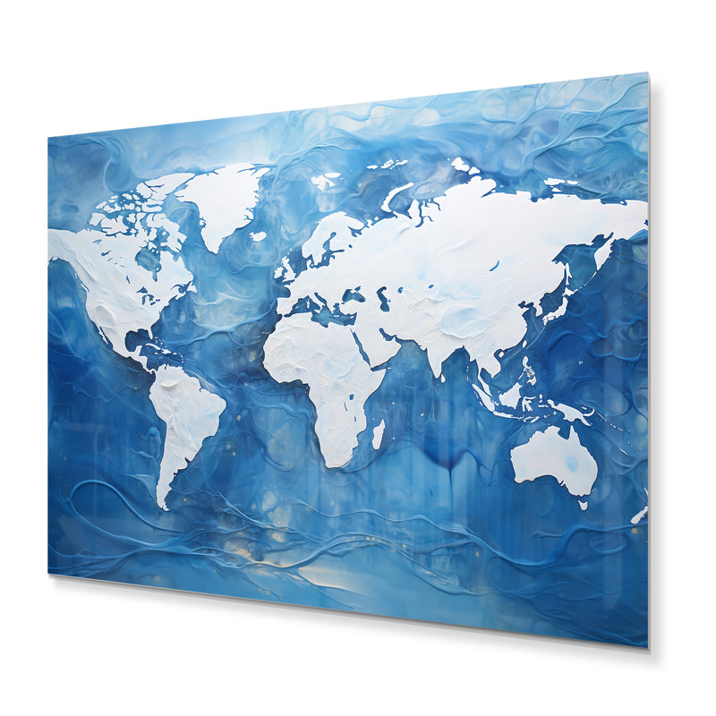 «Majestic Meridians Blue World Map I» sur métal, H 30 po x l 40 po