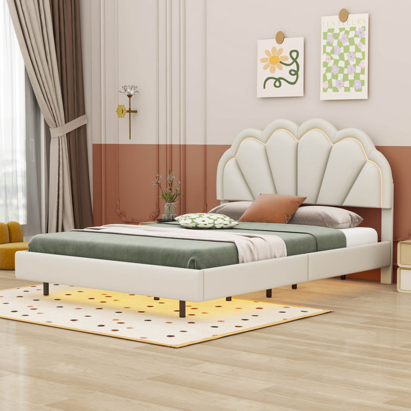 Lit plateforme tapissier à profil bas, Double, Beige