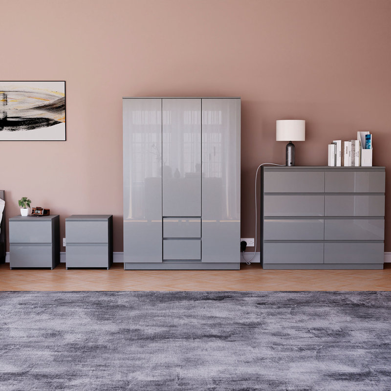 Taniesha 4 Piece Bedroom Set (2 Drawer Bedside Chest X2, 3 Drawer Chest, 2 Door 2 Drawer Wardrobe), (100% FSC), Grey
