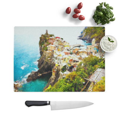 Tempered Glass View of Cinque Terre in Italy Painting Chopping Board