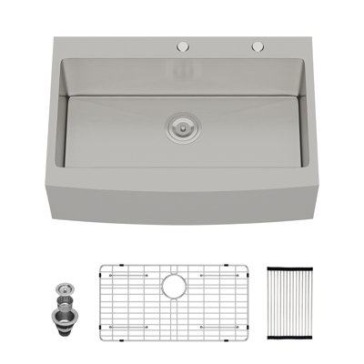 33" Drop-In Farmhouse Kitchen Sink, 16 Gauge Stainless Steel Apron Front, Brushed Nickel