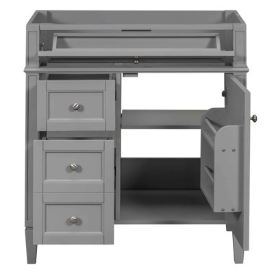 Meuble-lavabo moderne gris 30 po, 3 tiroirs, tiroir basculant, organisateur de porte d'armoire, tablette réglable, glissières de tiroir en métal lisse, pieds romains exquis, planche et poignée en bois massif texturé,