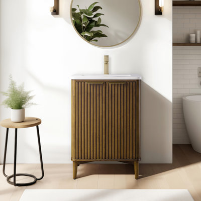 Tavoleto 24 In Single Sink Freestanding Bath Vanity In Walnut Mist With Carrara Engineered Stone Top