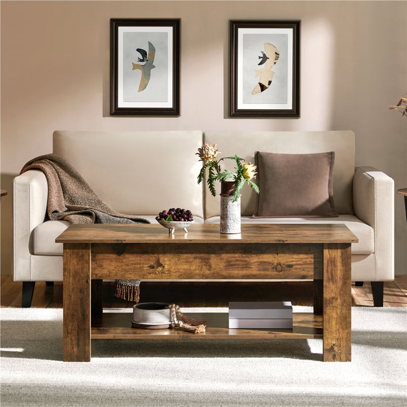 Lift Top Four Leg Coffee Table with Storage, 63.5cm H x 120cm L x 59cm W, Rustic Brown