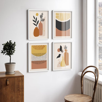 " Mid-Century Tropical Plant Semi Circle Abstract Shapes Illustrations Relax " 4 - Pieces