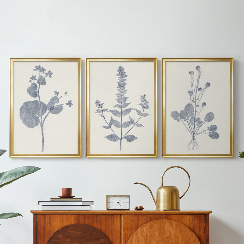 Marine Botanicals VI - Toile tendue avec châssis sur mesure - 3 pièces, H 30 po x l 63 po, Doré