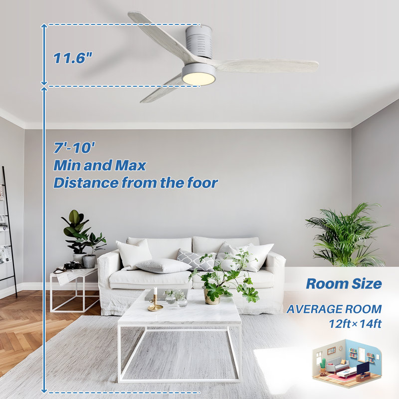 Silver Gray 52'' Solid Wood 3-Blade LED Ceiling Fan with Remote