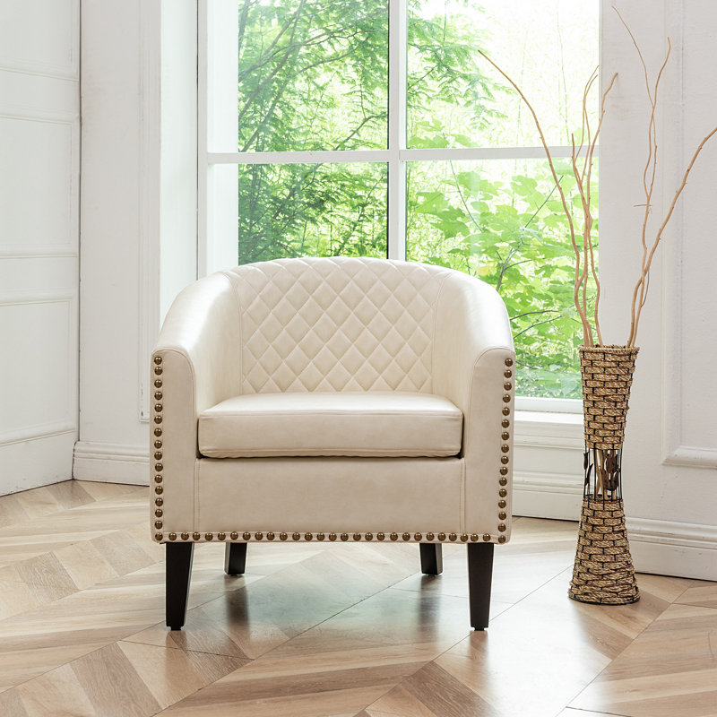 Oscar 29" W Stain Resistant Faux Leather Tufted Barrel Chair, Cream Performance Faux Leather