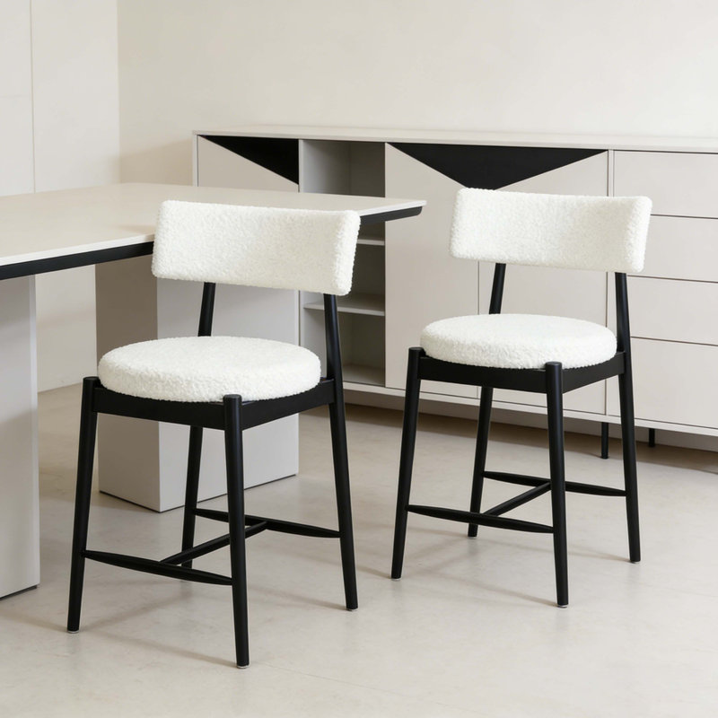 Tabouret de comptoir Mid-Century moderne (structure en bois d'hévéa noir, beige bouclé) - ensemble de 2, Noir