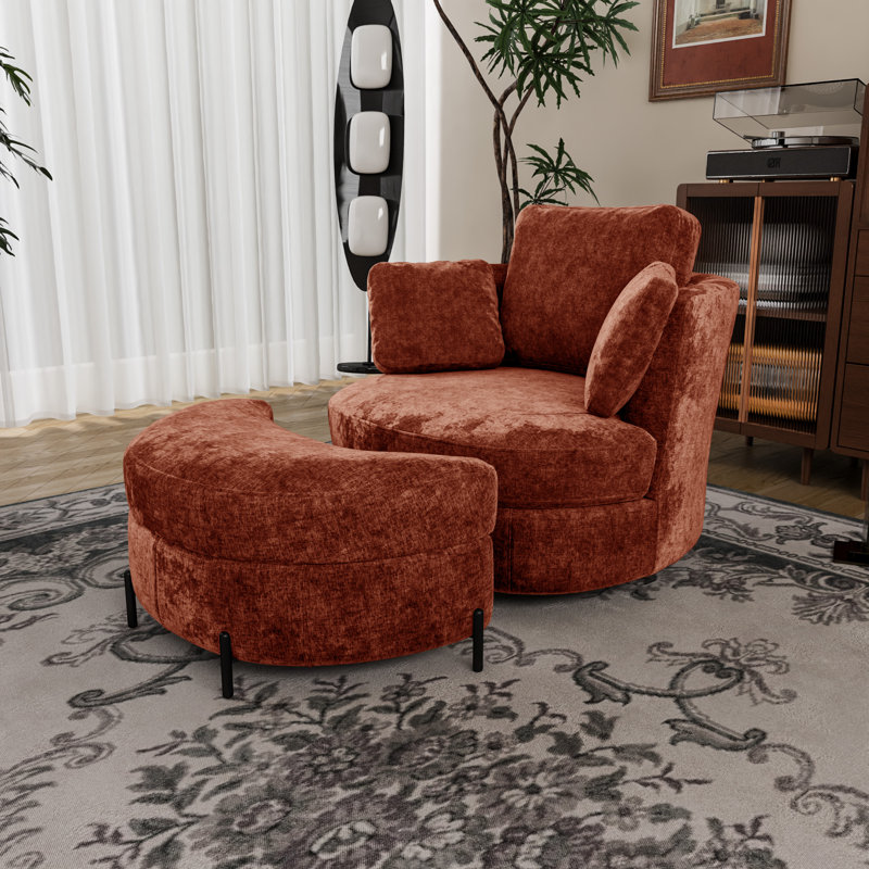 Fauteuil demi-tonneau pivotant moderne surdimensionné avec repose-pieds avec rangement, Chenille terre cuite