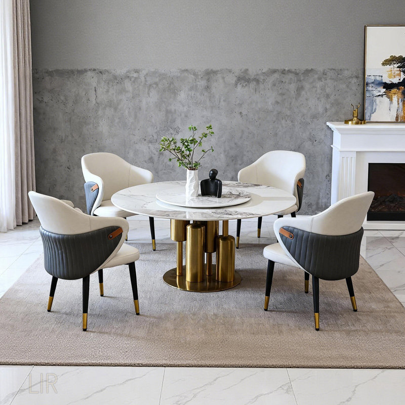 59 Inch Round Dining Table With 360° Rotating Lazy Susan, Stain & Heat Resistant Sintered Stone Top, Modern Minimalist Design For Compact Spaces