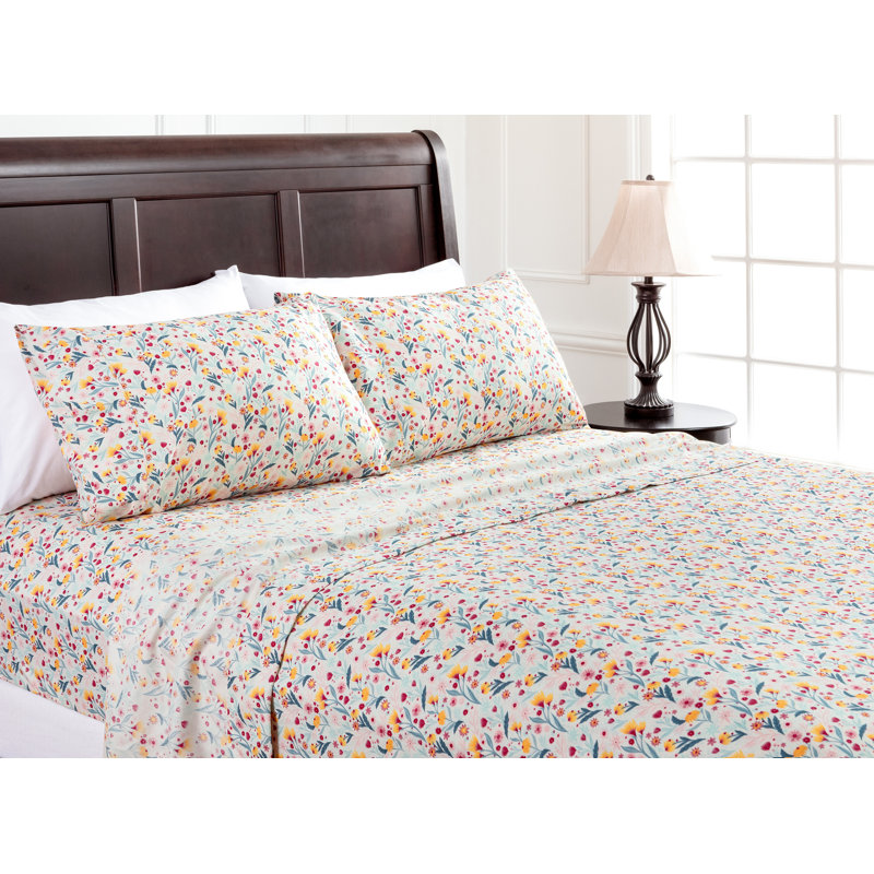 Spring Bloom Ultra Soft Floral Microfiber Percale Sheet Set, King Sheet Set + Fitted Sheet + 2 Pillowcases
