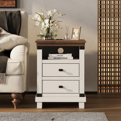 18"W Farmhouse Nightstand with Charging Station & 2 - Drawers