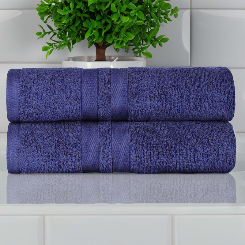 Ultra-Soft Cotton Solid Double Line Dobby Border Medium Weight Quick-Dry Bath Towel, Navy Blue