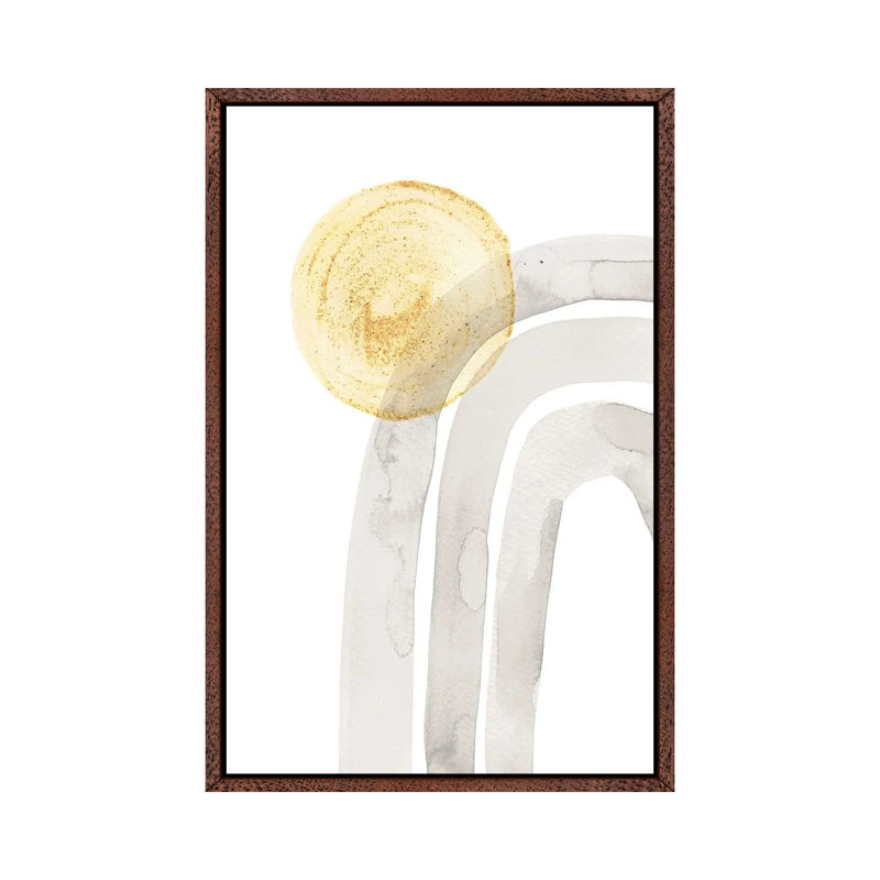 Abstract Grey Rainbow and Mustard Sun 1 Piece Painting on Canvas, 66.04cm H x 45.72cm W x 3.81cm D, Classic Brown Wood Framed