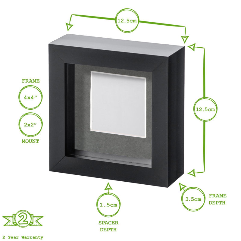 Nicola Spring - 4" x 4" White 3D Box Photo Frames - 2" x 2" Mount, Black