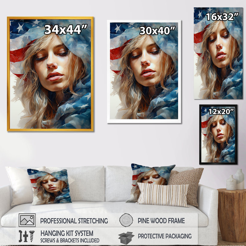 Drapeau américain «American Spirit Woman», Cadre doré simple, H 44 po x l 34 po x P 1,5 po