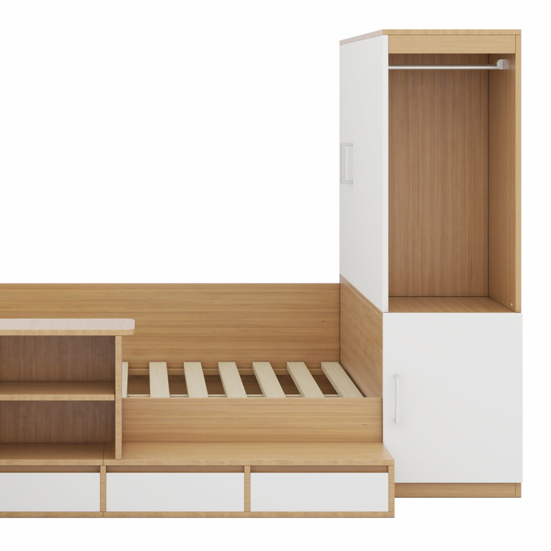 Lit plateforme avec tiroirs, tablettes, bureau et garde-robe, Naturel
