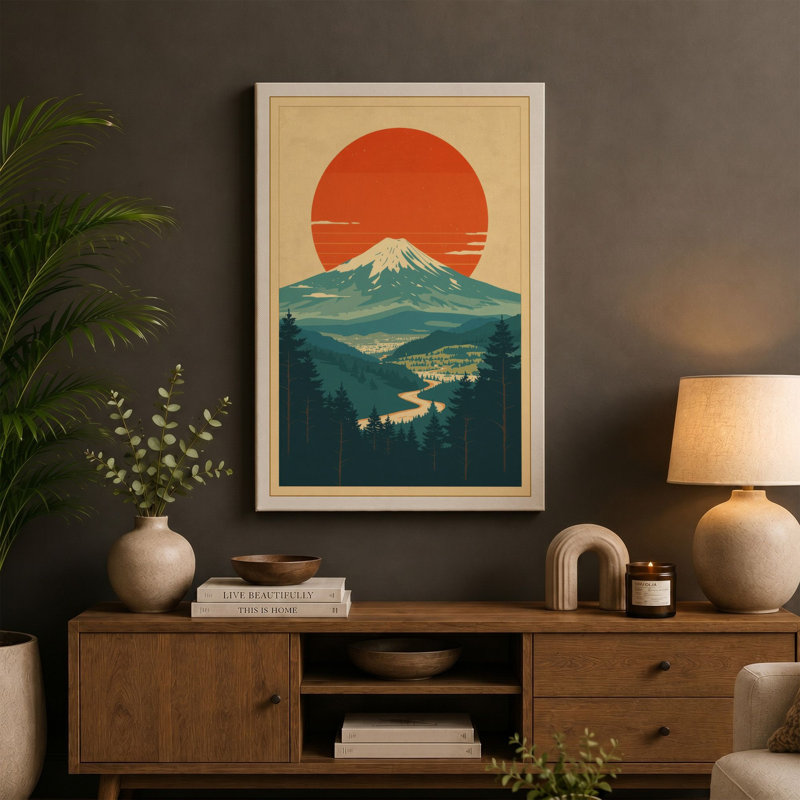 Mountain Under Red Sun Japandi - Wrapped Canvas, 24x16 - 61.0 x 40.6 cm, Ochre Border