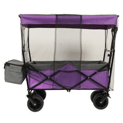 Chariot de jardin pliable robuste de 48 lb avec auvent et moustiquaire, chariot de jardin pliable mauve avec roues tout-terrain de 7 po