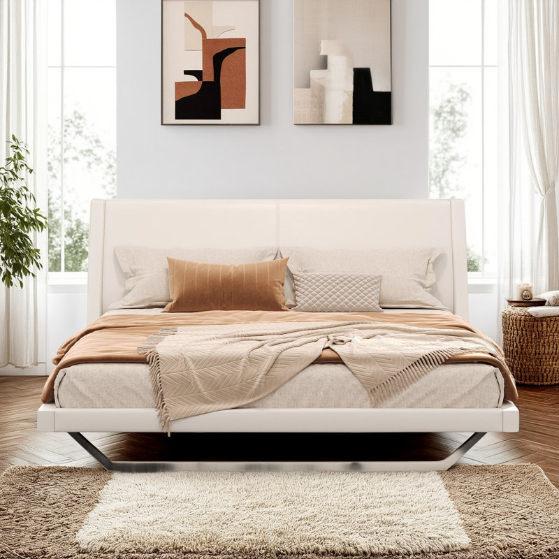 Structure de lit plateforme en cuir PU avec pieds trapézoïdaux Wave, Blanc, Très grand