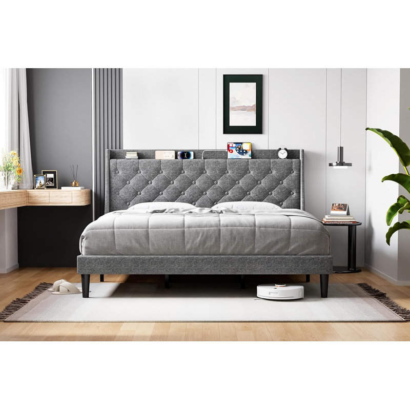 Bed Frame With Upholstered Wingback Headboard, Queen, Gray