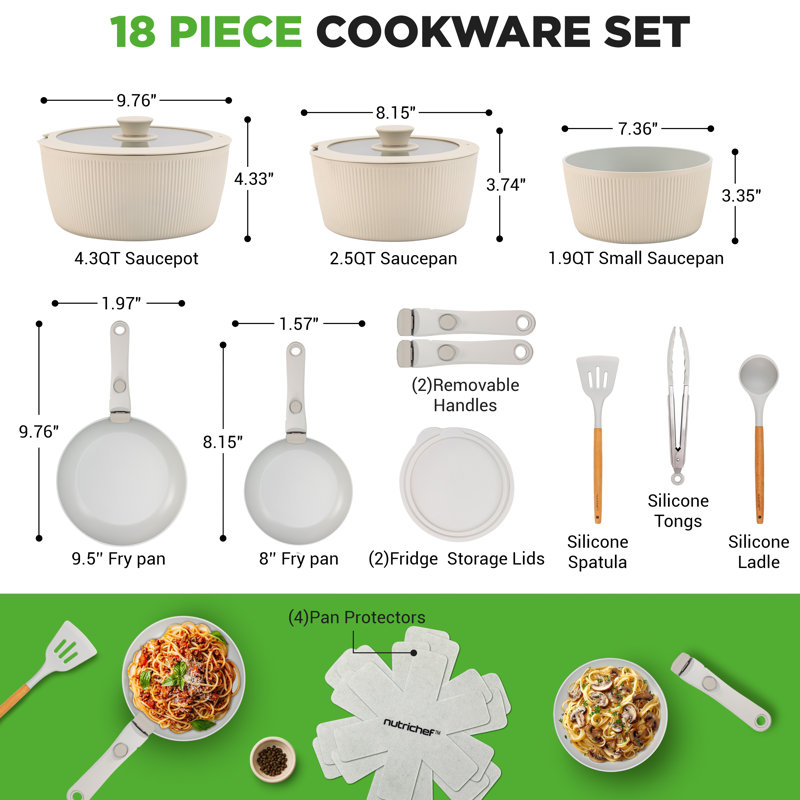 Ensemble de batterie de cuisine 18 pièces - Casseroles et poêles antiadhésives en céramique avec poignées amovibles (crème)