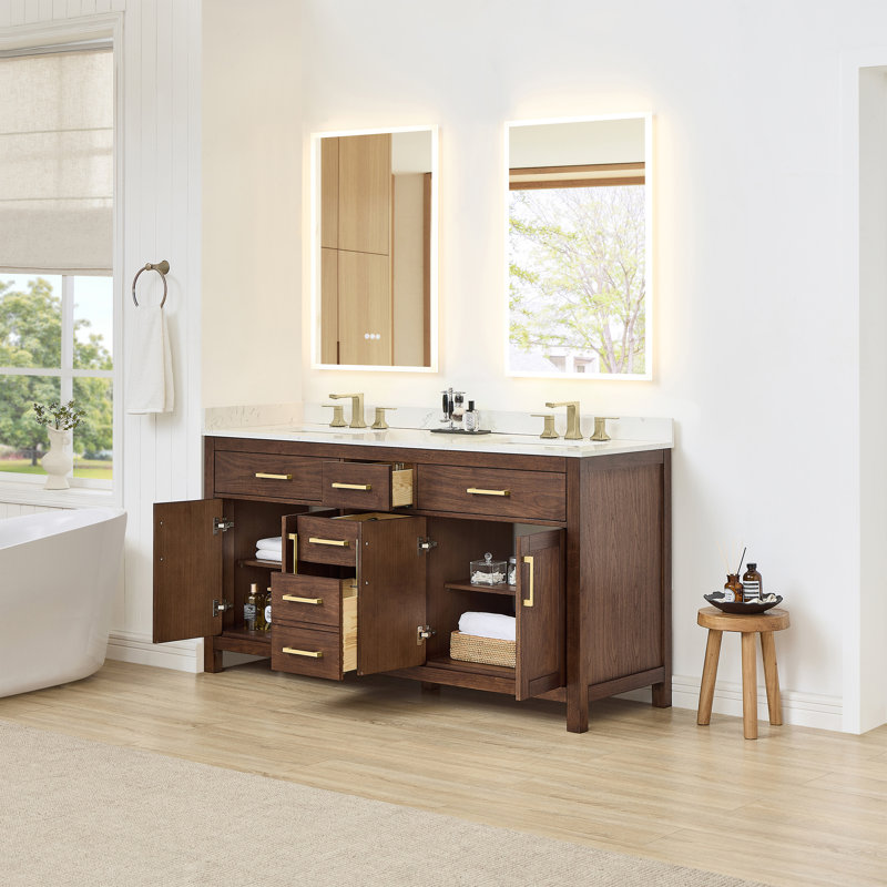 Meuble-lavabo double 66 po Beckett, Noyer foncé avec bordure dorée brossée, Comptoir en marbre de culture de Carrare