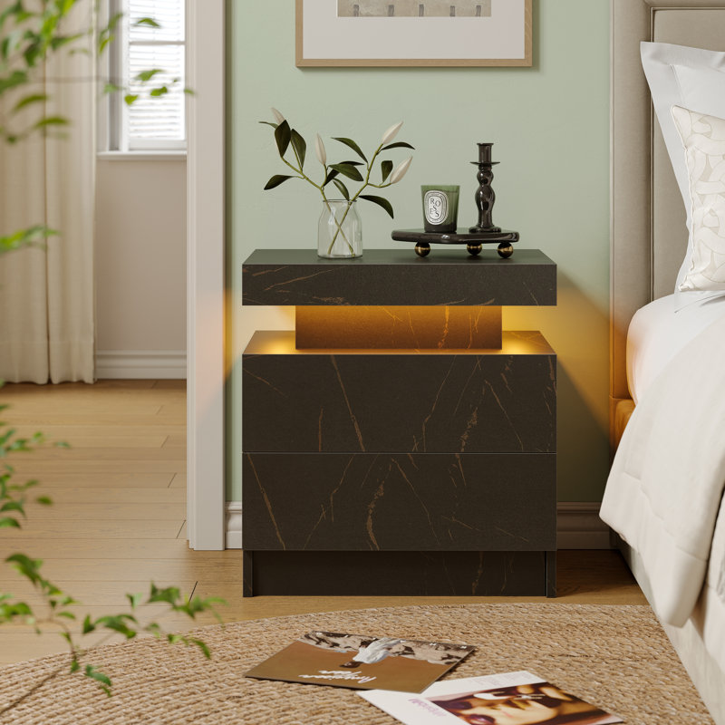 Table de chevet moderne avec lumière DEL et 2 tiroirs, Noir et or