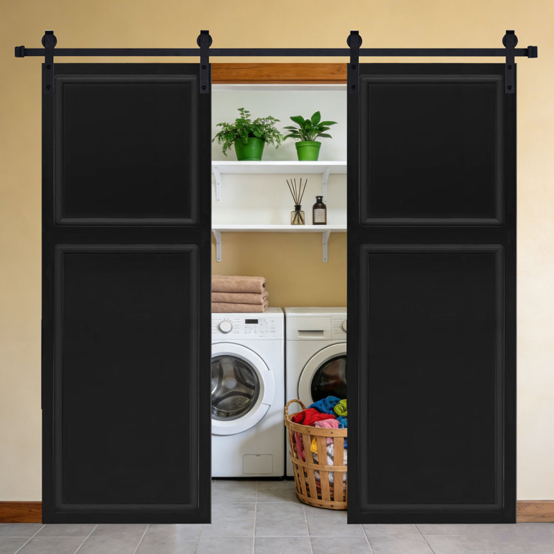 Porte de grange coulissante double en panneau de fibres à densité moyenne noyer noir 2 panneaux 80 po x 48 po Double