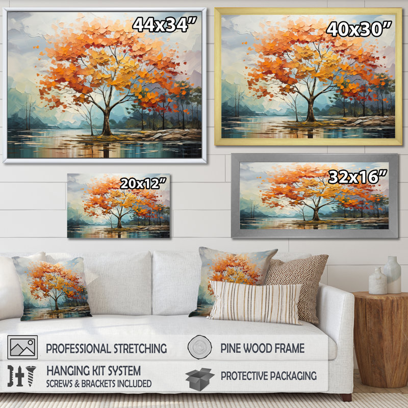 Érable orange majestueux I - arbre érable, art mural, Cadre flottant noir, H 34 po x l 44 po x P 1,5 po