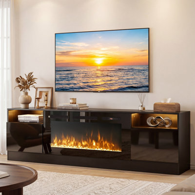 Kenndy 80" TV Stand with Electric Fireplace for TVs up to 90'', LED Lights, Storage Cabinets & Shelves
