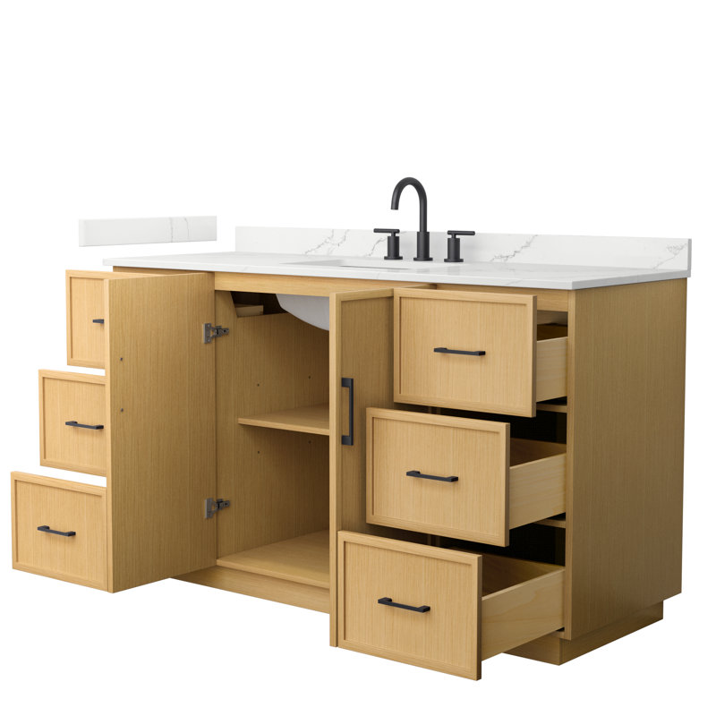 Elan TK 60" Freestanding Single Bathroom Vanity with Quartz Top, Giotto Quartz, Light Oak, Matte Black