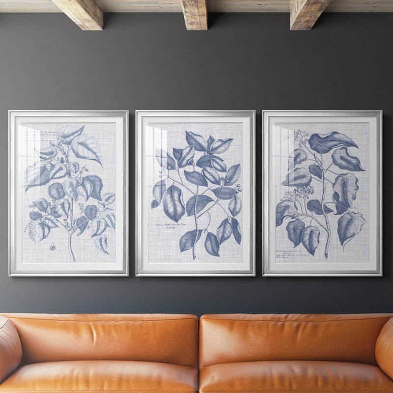 Bleu marine et lin botanique VI - reproduction sur mesure encadrée de qualité supérieure - 3 pièces, Argent argent