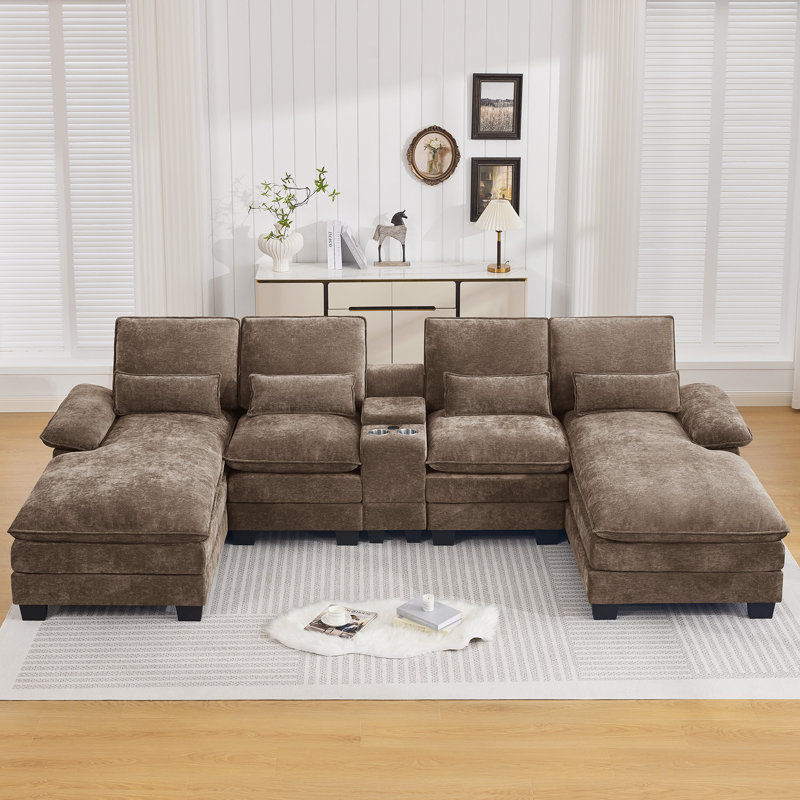 Canapé modulaire en U 125,6 po avec méridiennes, console de rangement, ports de chargement USB, porte-gobelets, chenille