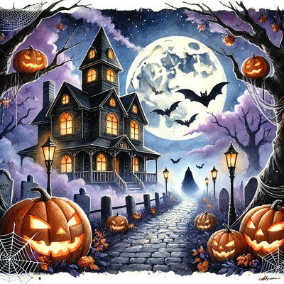 Haunted House Night Canvas Art - Spooky Halloween Decor