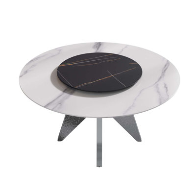 Round Artificial Marble Dining Table with Artificial Stone Turntable & Silver Stainless Steel Design Base(Dining Table Only)