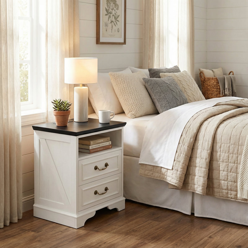 17 Inches Farmhouse Modern Nightstand With 2 Drawers And Built-In Outlets, White
