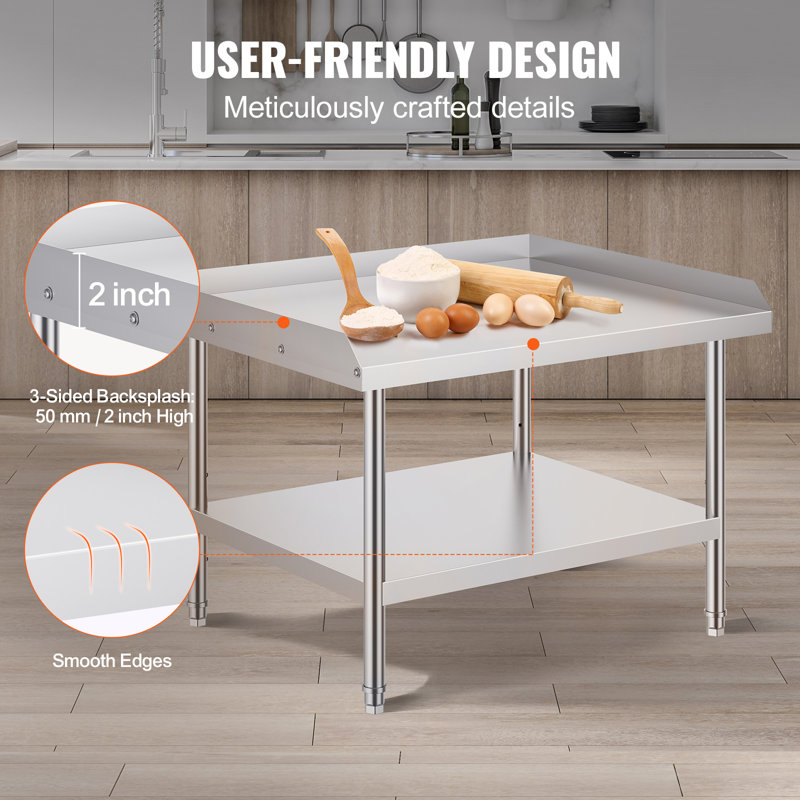 Stainless Steel Work Table, 30 x 36 x 26 Inch Commercial Food Prep Worktable, 3-Sided Backsplash Heavy-Duty Prep Worktable, Metal Work Table with Adjustable Height for Restaurant Home Hotel