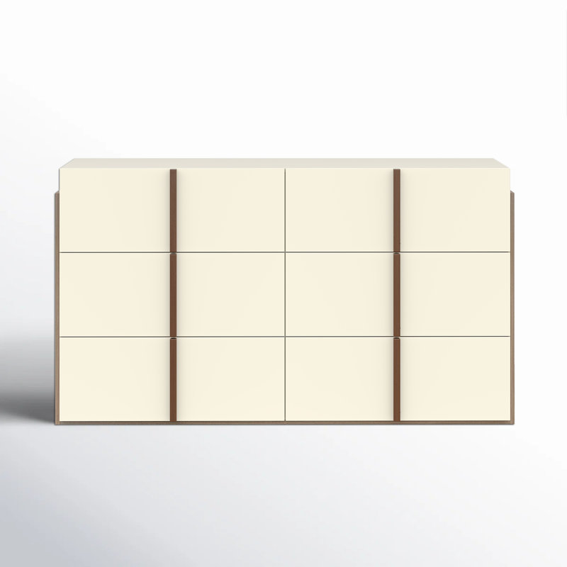 Commode 6 tiroirs Modern, large 54 po beige et noyer clair