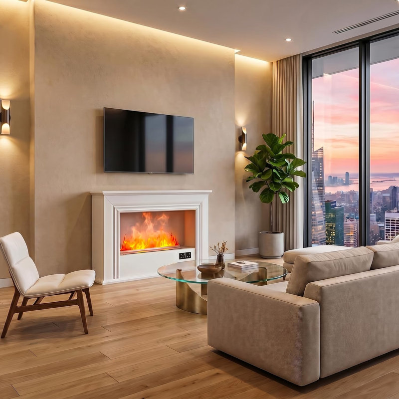 Foyer à vapeur d'eau avec humidificateur, flamme atomique réaliste en 3D de 13 couleurs, pas de vraie flamme, télécommande et remplissage d'eau facile, frais au toucher pour la chambre à coucher et le salon, blanc